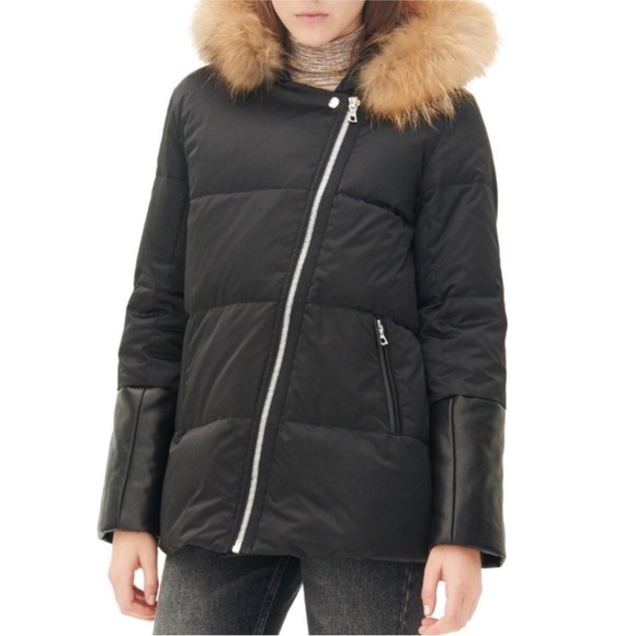 Sandro Paris Marcie black down jacket with fur and leather trim 2 - Picture 12 of 15